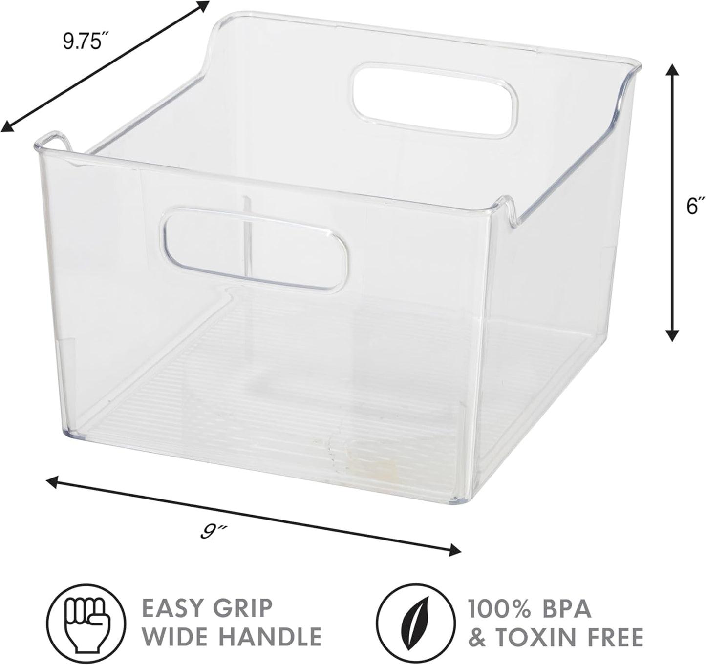 Oggi Storage Bin With Handles - Deep (9.75" x 9" x 6") - Ideal for Kitchen Organization, Pantry Storage, Fridge Organizing, Clear