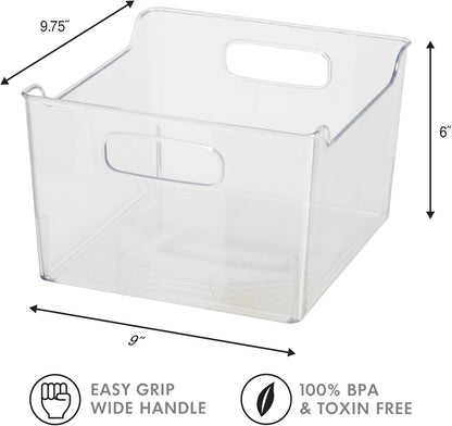 Oggi Storage Bin With Handles - Deep (9.75" x 9" x 6") - Ideal for Kitchen Organization, Pantry Storage, Fridge Organizing, Clear