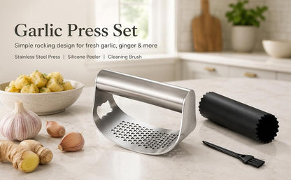 Garlic Press Rocker Set, Stainless Steel Mincer with Peeler & Brush