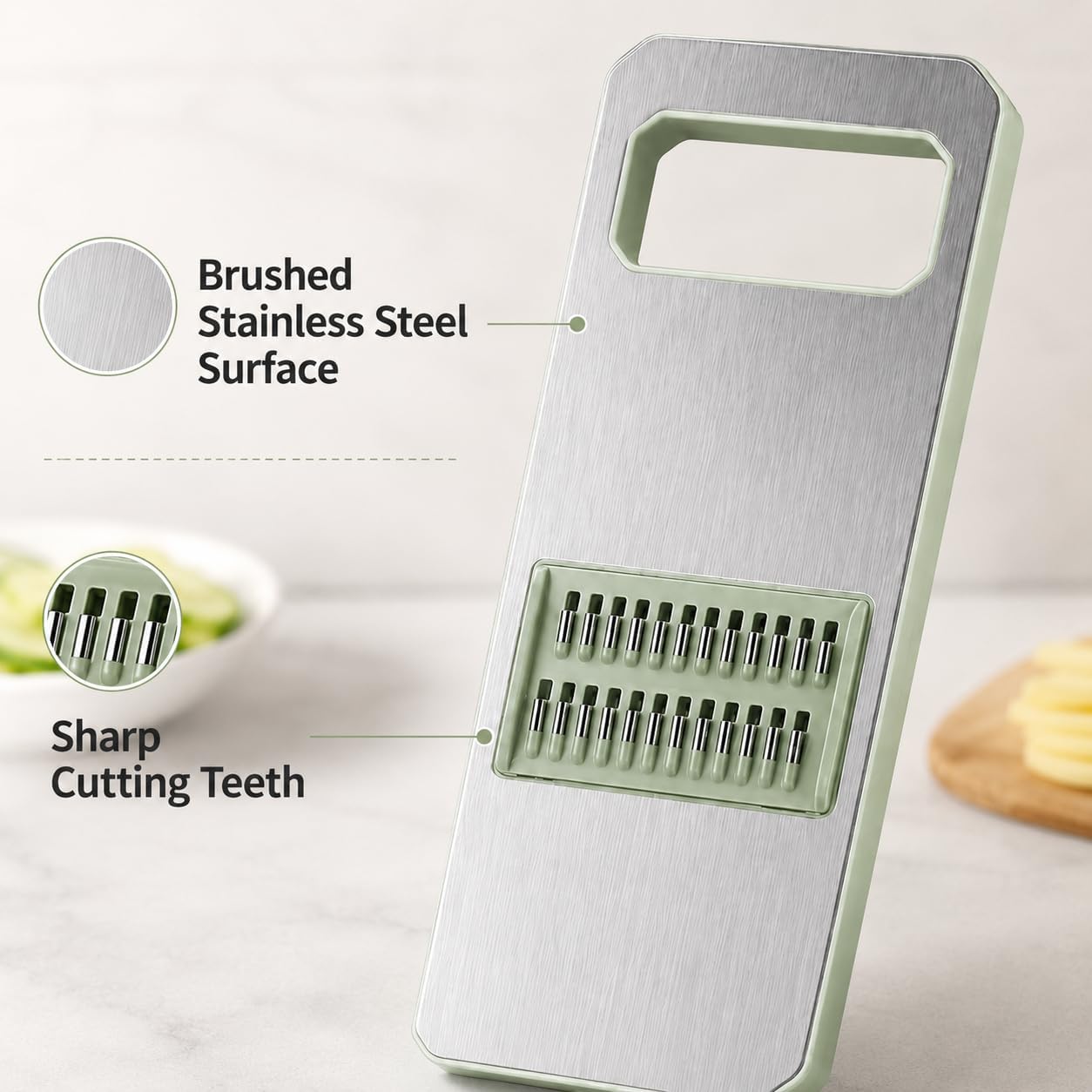 Stainless Steel Mandoline Slicer, Handheld Vegetable Cutter with Food Holder, Kitchen Slicer Shredder Grater for Potatoes, Carrots, Cucumbers and Fruit, Green (Green)