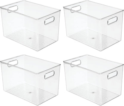 mDesign Deep Plastic Home Storage Organizer Bin with Built-in Handles for Cube Furniture Shelving in Office, Closet, Cabinet, Bedroom, Bathroom, Nursery, Dorm - 4 Pack - Clear