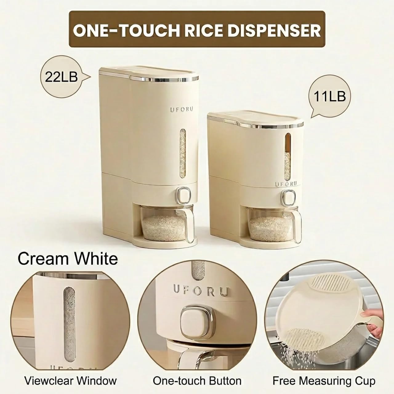 Rice Bucket With Measuring Cup,Kitchen Grain Storage Dispenser,Pantry & Home Dry Goods Container (22-Pound)