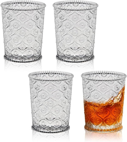 Cameo Clear Vintage Drinking Glasses Set of 4 Vintage Glassware with Engraved Flower Cup 9 oz Lead-Free Old Fashioned Cocktail Glasses Dishwasher Safe Drink Tumbler Whiskey Glasses Cups