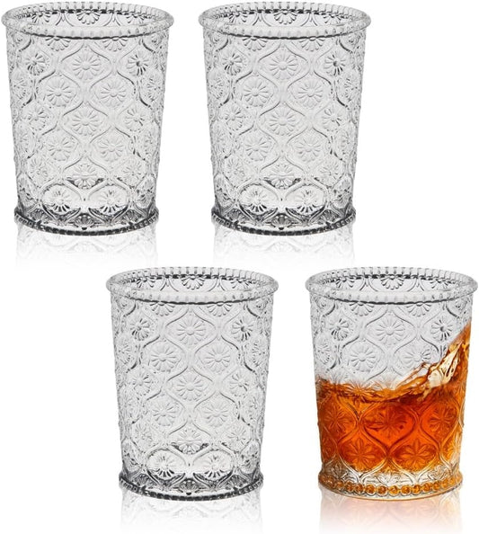 Cameo Clear Vintage Drinking Glasses Set of 4 Vintage Glassware with Engraved Flower Cup 9 oz Lead-Free Old Fashioned Cocktail Glasses Dishwasher Safe Drink Tumbler Whiskey Glasses Cups