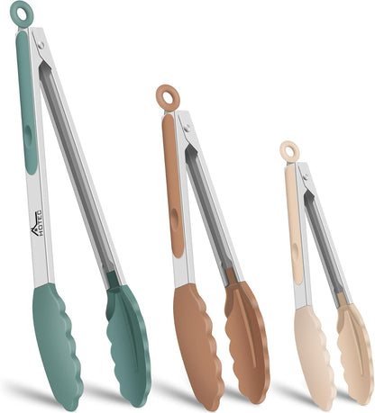HOTEC Premium Stainless Steel Locking Kitchen Tongs with Silicon Tips, Set of 2-9" and 12"