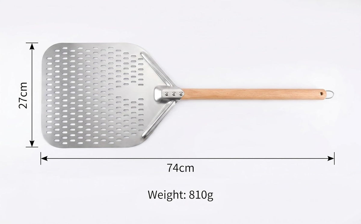 Perforated Pizza Peel Set, 12 x 14 Inch Stainless Steel Paddle with Detachable Wood Handle, Includes Peel, Cutter and Turner, 3 Piece