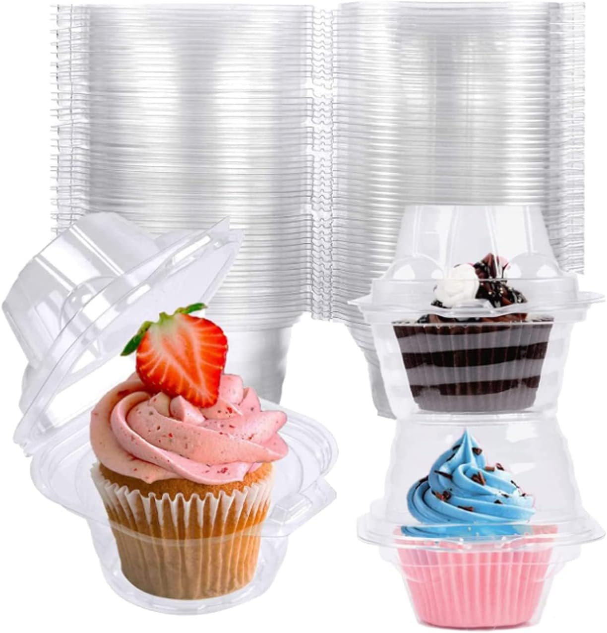 NPLUX 50 Pack Individual Cupcake Containers Plastic Cupcake Boxes Cupcake Holders Stackable Deep Dome Cupcake Carrier
