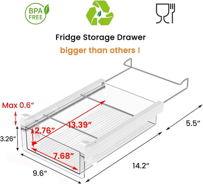 vacane Fridge Organizer Drawer, Clear Plastic Fridge Organizer Bins, Add on Refrigerator Drawer,Fridge Storage Container Under Shelf Holder for Fruit, Vegetable, Meat, Cheese, Easy to Install-M
