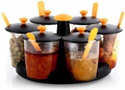 Multipurpose Pickle Jar for Dining Table Revolving Plastic Multi Purpose Achaar Pickle Container Chutney Tray Mukhvas Dining Spice Stand Masala Tray Transparent (Multi Color)