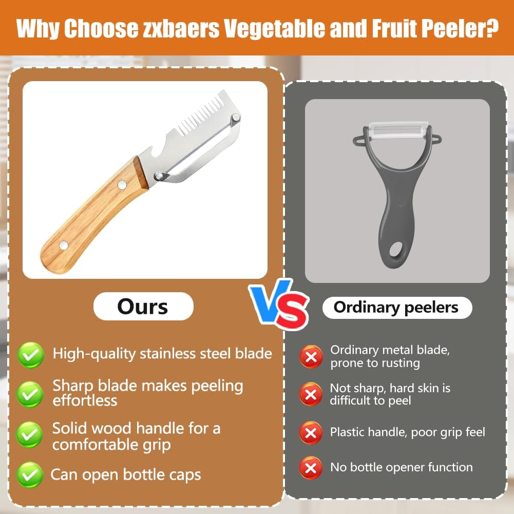 Multifunctional Vegetable Peeler with Bottle Opener Julienne | 4PCS, Stainless Steel, Wooden Handle, Fruit Potato Carrot Pumpkin, 3-in-1 Peeler