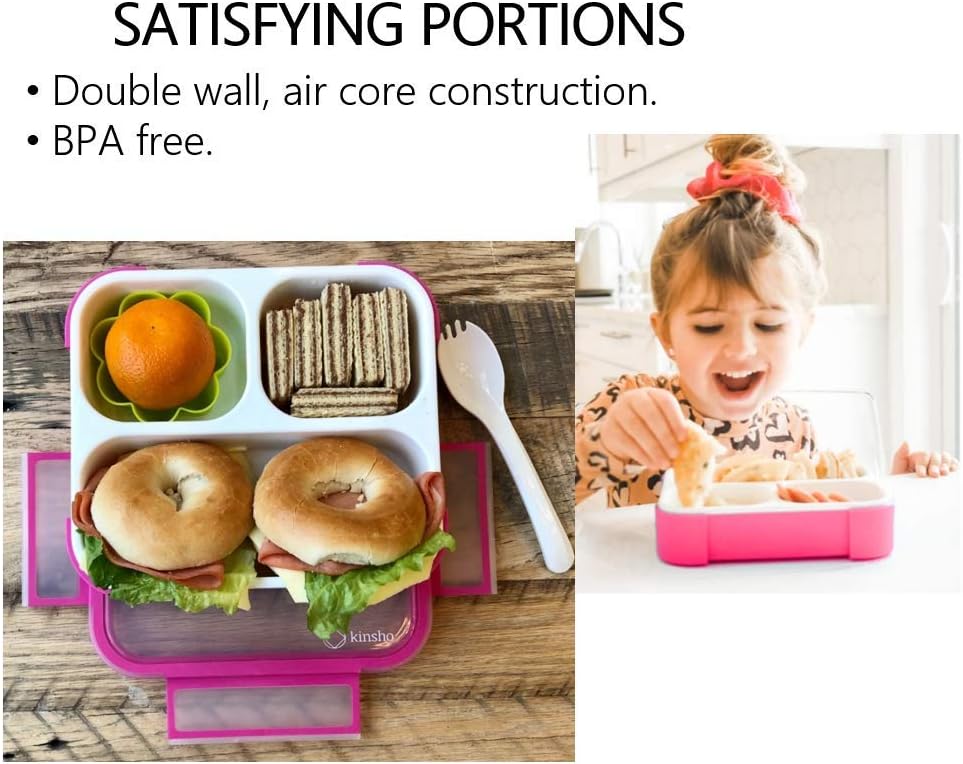 kinsho Medium Bento Boxes for Kids, Lunch Box for Boys Girls Toddler Adults, Leak-Proof 3 Compartment Containers for Meal or Snack at School Daycare Work Travel, BPA Free 2 Pack (Pastel Blue + Pink)