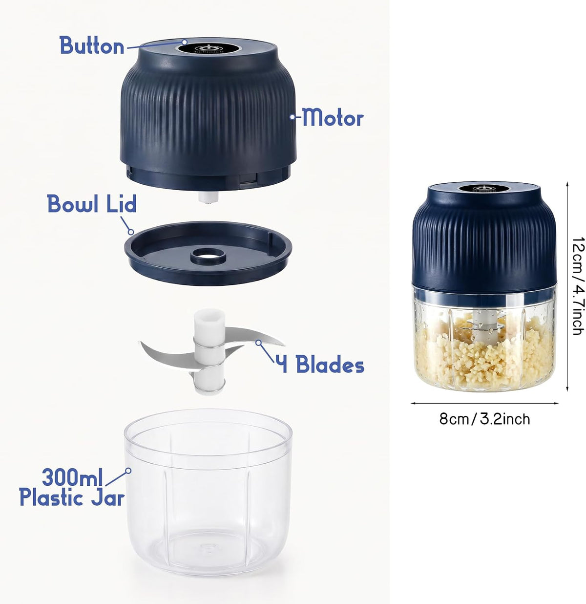 Electric Garlic Chopper, 2026 New Mini Food Processor & Food Chopper for Kitchen, Portable Cordless Garlic Mincer with 6 Stainless Steel Blades, Small Vegetable Chopper for Onion Salad (400ML Blue)
