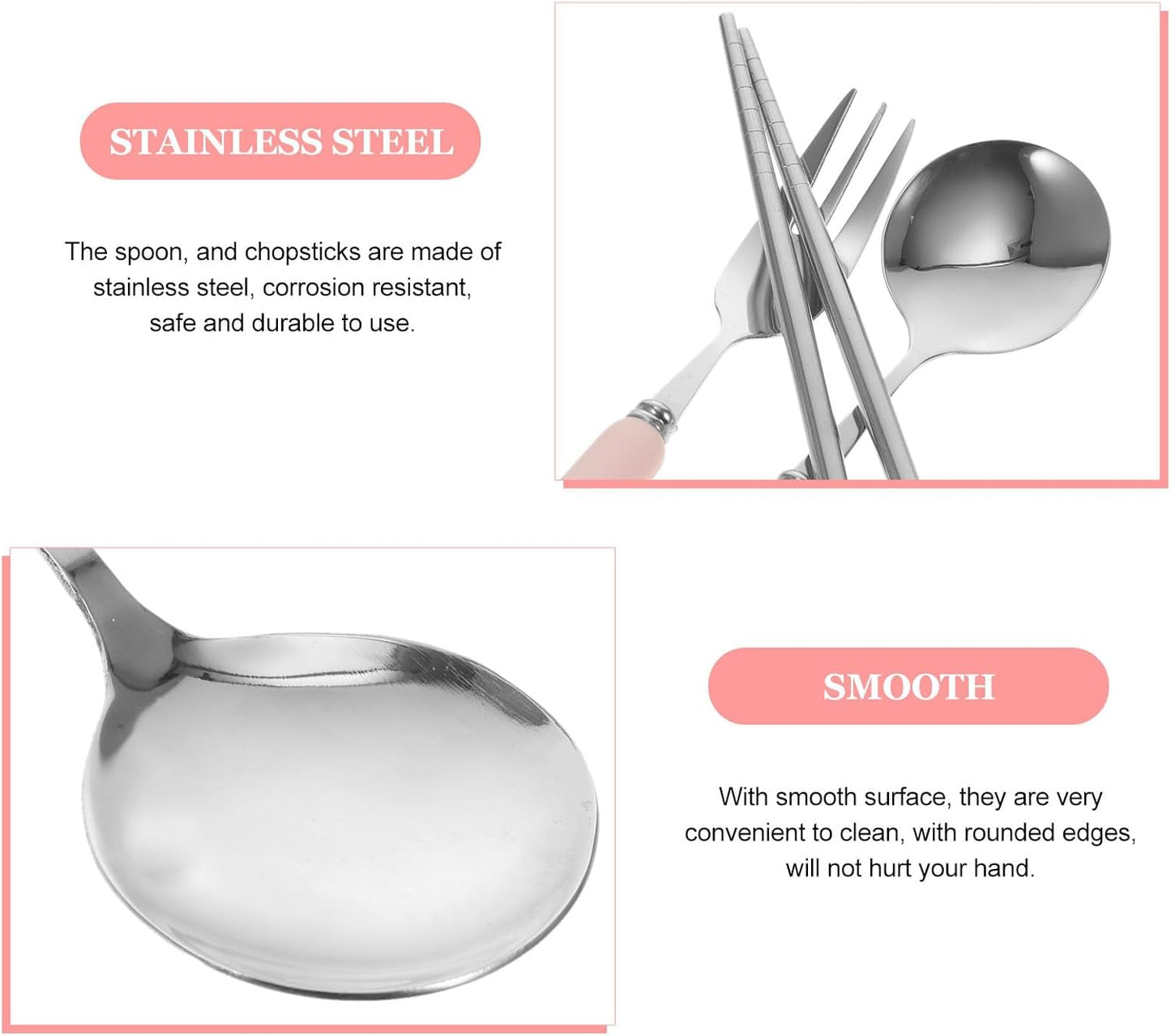 4 PCS Travel Utensils with Case, Portable Stainless Steel Reusable Cutlery Set for Lunch Box, Includes Spoon Fork Chopsticks, Small Pink Cartoon Flatware for Students, Kids School, Office, H