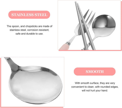 4 PCS Travel Utensils with Case, Portable Stainless Steel Reusable Cutlery Set for Lunch Box, Includes Spoon Fork Chopsticks, Small Pink Cartoon Flatware for Students, Kids School, Office, H