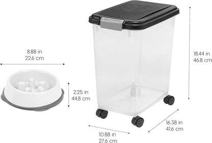 IRIS USA Dog Food Storage Container, 2 Pack, Up to 30 lbs Each, Airtight Seal for Freshness, Wheels for Rolling, Easy One Hand Opening, Made in USA, BPA Free, Clear/Black