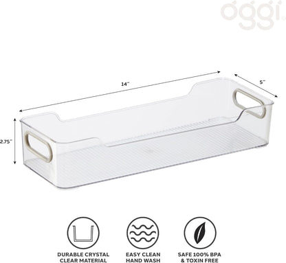Oggi Cabinet/Drawer Storage Bin - 14" x 5" (Set of 6), Clear/Gray, Ideal for Kitchen Organization, Pantry Storage, Fridge Organizing
