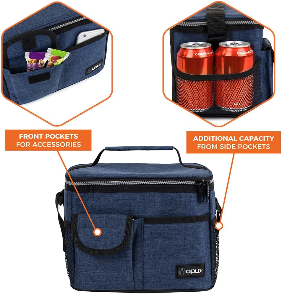 opux Insulated Lunch Bag for Men Women, Leakproof Black Lunch Box for Work, Portable Soft Lunch Cooler Bag with Shoulder Strap, Adult Lunchbox Lunch Pail for Kid Boy Girl School, 14 Can/8L