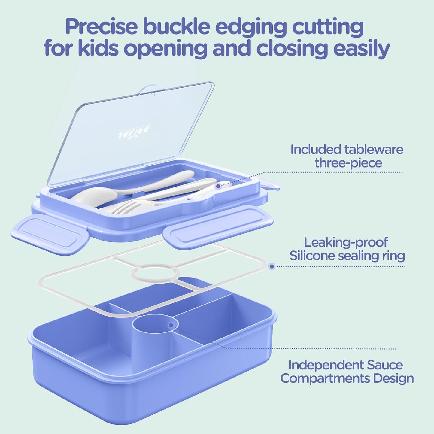 Jelife Bento Lunch Box for Kids - Leakproof Large Bento-Style with 4 Compartments Portions Lunchbox with Tableware Back to School, Reusable On-the-Go Meal and Snack Packing, Blue