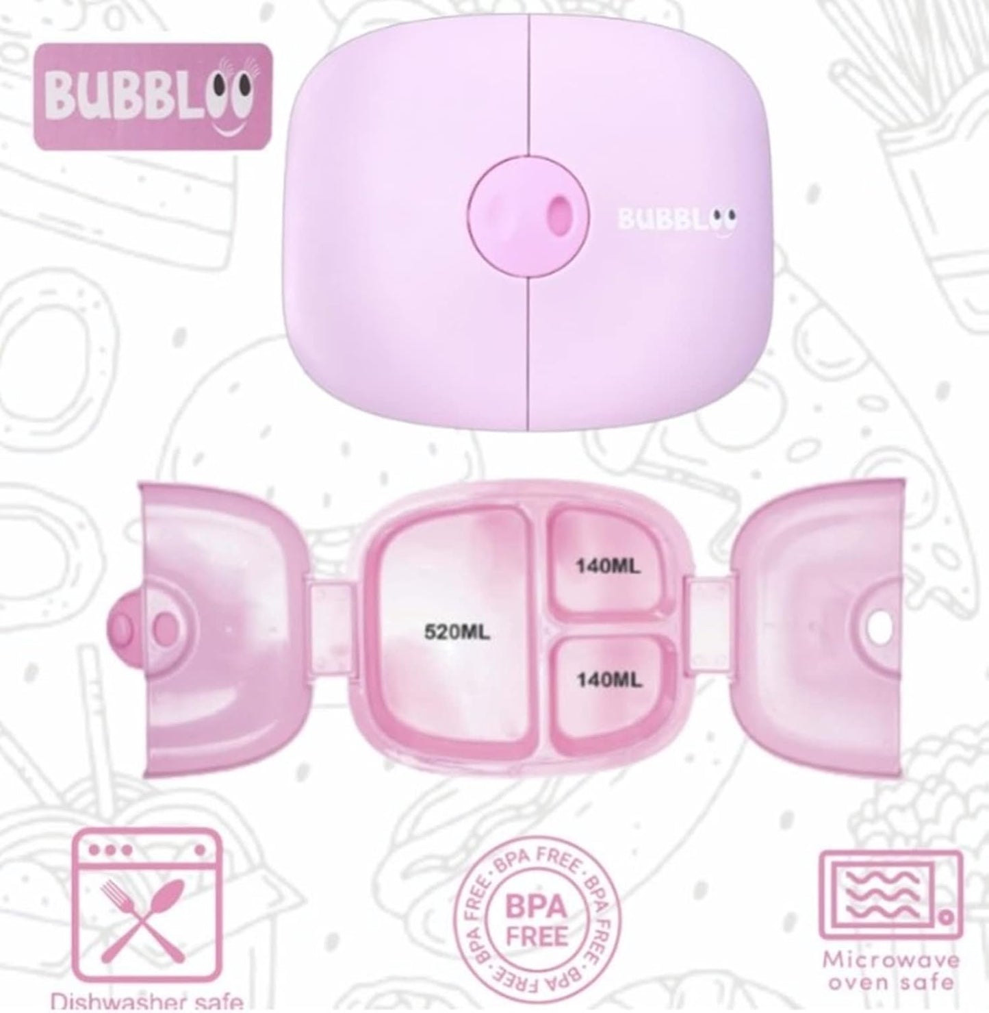 BUBBLOO Bento Box for Kids with Silverware - 3 Compartment Ideal Portion Sizes - BPA Free Removable Plastic Tray - Leak Proof Kids Lunch Box, Pink