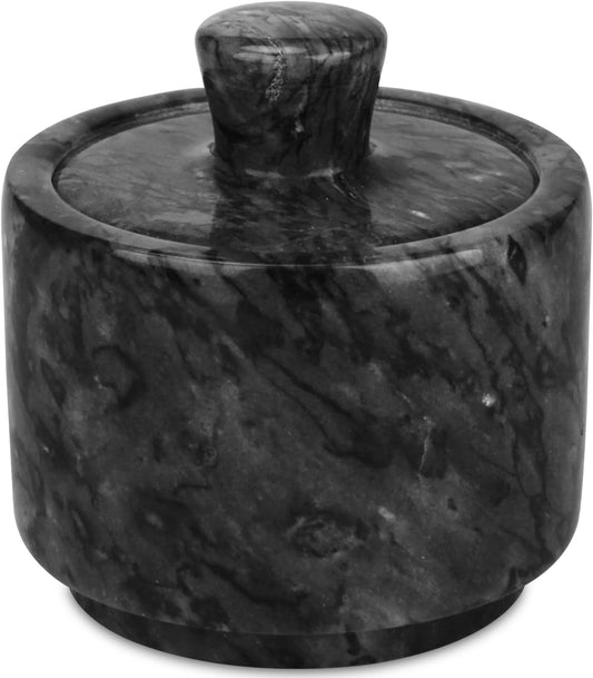 Marble Salt Cellar with Lid, White and Black Stone Salt and Pepper Bowl Box Container Jar Holder Well Keeper Dish Pig Crock