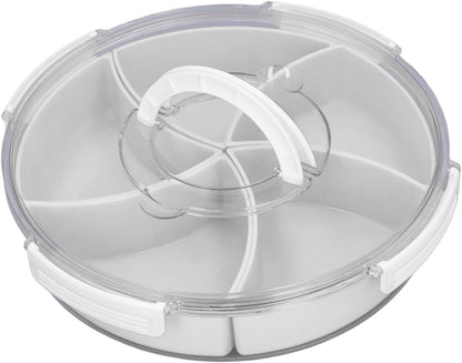 5 Grid Round Rotating Snack Box, Divided Food Storage Container With Lid & Handle, Multi - compartment Serving Tray for Fruit Nut Candy Snack Party Household Use (White)