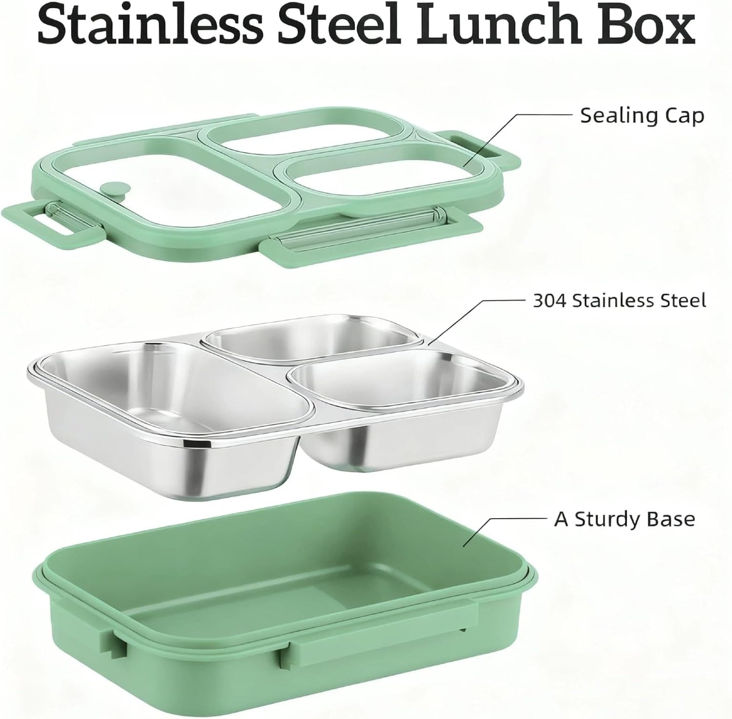 Stainless Steel Bento Box for Kids, 3-Compartment Leakproof Lunch Box with Lid, Toddler Food Container for School, Microwave Safe, Dishwasher Safe, BPA Free, 25oz(green)
