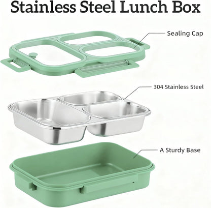Stainless Steel Bento Box for Kids, 3-Compartment Leakproof Lunch Box with Lid, Toddler Food Container for School, Microwave Safe, Dishwasher Safe, BPA Free, 25oz(green)