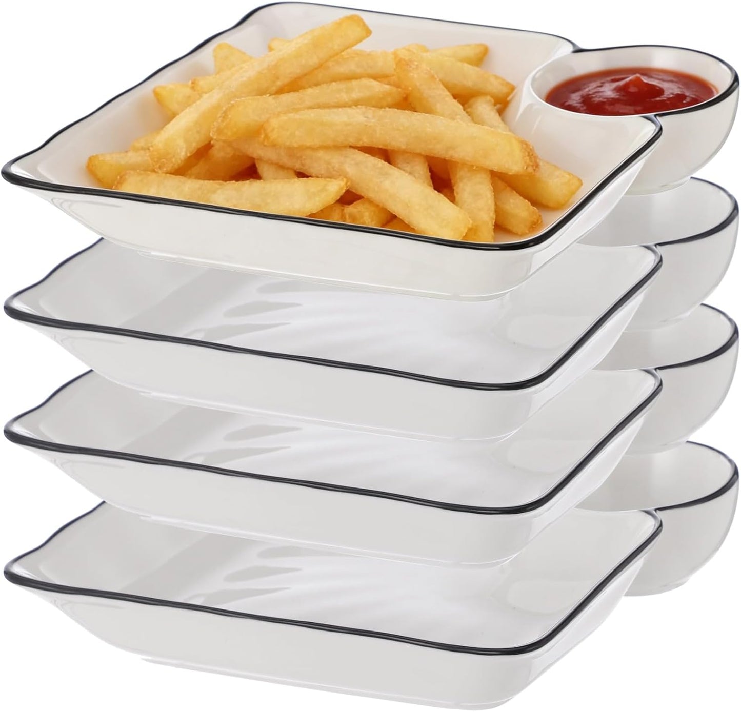 Chip and Dip Serving Platter Set, 4 Pcs Ceramic Divided Platters with Dip Compartment, White Square Appetizer Plates, Snack Serving Dishes for Fries, Sushi, Taco