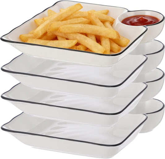 Chip and Dip Serving Platter Set, 4 Pcs Ceramic Divided Platters with Dip Compartment, White Square Appetizer Plates, Snack Serving Dishes for Fries, Sushi, Taco