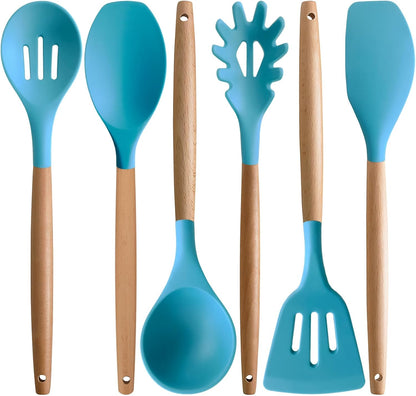 Kitchen Cooking Utensils Set, 6Pcs Silicone Kitchen Utensils Set Spatula Spoon Soup Ladle Turner, Heat Resistant Wooden Handle Silicone Cooking Gadgets for Nonstick Cookware & Baking BPA FREE