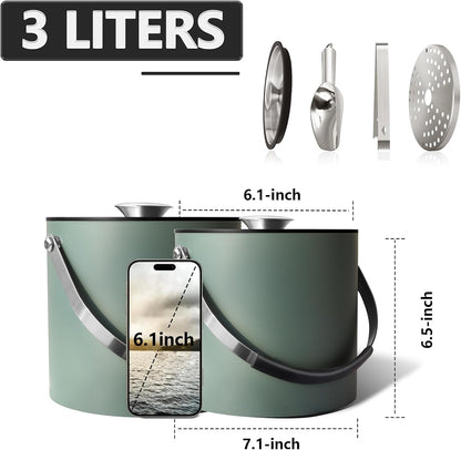 Bakpoco Insulated Ice Bucket with Silicone Lid, Scoop, Tongs & Strainer, 3L Stainless Steel Double Wall Ice Buckets for Parties & Cocktail Bar, Champagne Ice Bucket with Lid for Freezer, Ivory