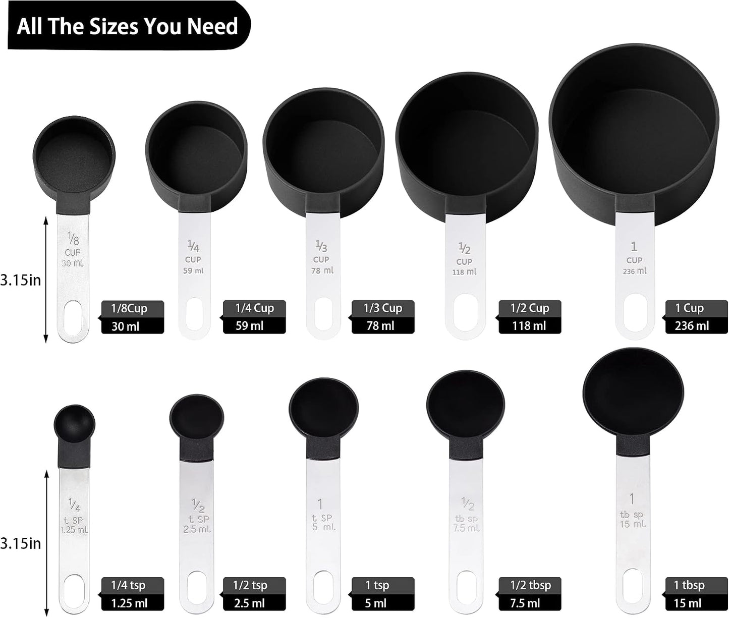 Measuring Cups and Spoons Set of Huygens Kitchen Gadgets 10 Pieces, Stackable Stainless Steel Handle Measuring Cups for Measuring Dry and Liquid Ingredient (Gray)