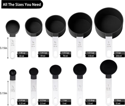 Measuring Cups and Spoons Set of Huygens Kitchen Gadgets 10 Pieces, Stackable Stainless Steel Handle Measuring Cups for Measuring Dry and Liquid Ingredient (Gray)