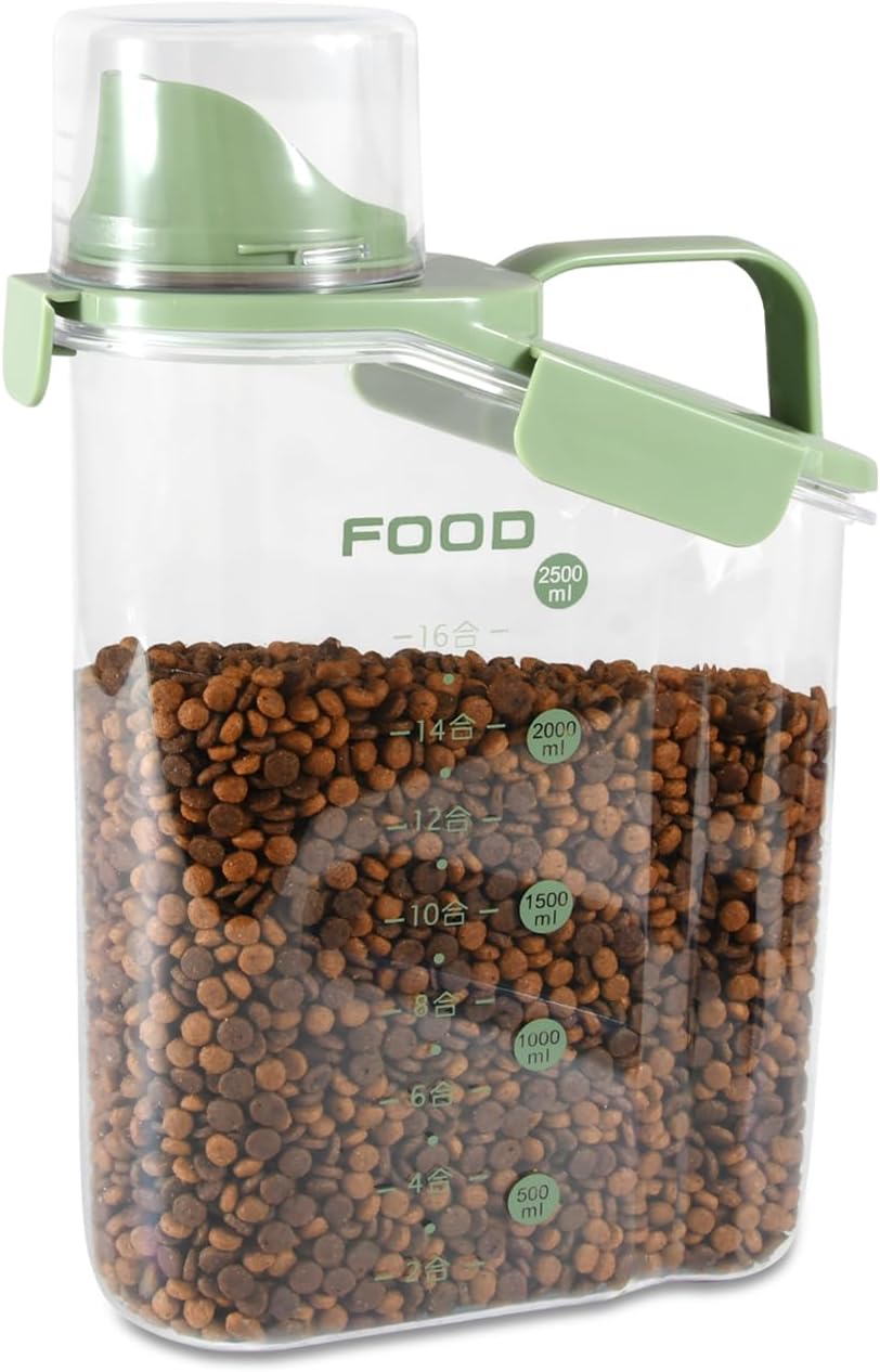 Dog Food Storage Container, Pet Food Storage Containers with Airtight Pour Spout, Cat Food Container with Measuring Cups, Portable Travel Pet Food Container for Dogs, Cats, Birds（Green）