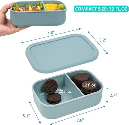 Silicone Bento Box Adult Lunch Container, 3 Compartment Container, Food Grade Silicone Bento Lunch Box for Work Travel Meal Prep, Leak-proof Food Storage Container（1 Pack Nile Blue）