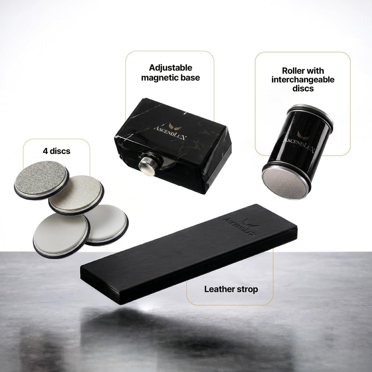 Knife Sharpener, Rolling Knife Sharpener Kit, Adjustable 10-30° Angle, 4-Disc Knife Sharpening Kit, Diamond, Whetstone & Ceramic Discs, Leather Strop, Magnetic Base