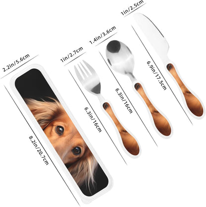 3-Piece Kids Silverware Set With Storage Case, Stainless Steel Reusable Children Safe Knife Spoon Fork Set Long Haired Dachshund Children Flatware Set For Kids Lunch Box
