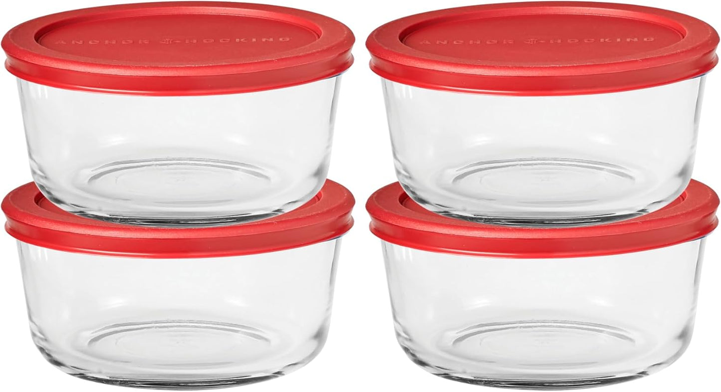 Anchor Hocking 2 Cup Glass Storage Containers with Lids, Set of 4 Glass Food Storage Containers with Mint SnugFit Lids