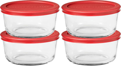 Anchor Hocking 2 Cup Glass Storage Containers with Lids, Set of 4 Glass Food Storage Containers with Mint SnugFit Lids
