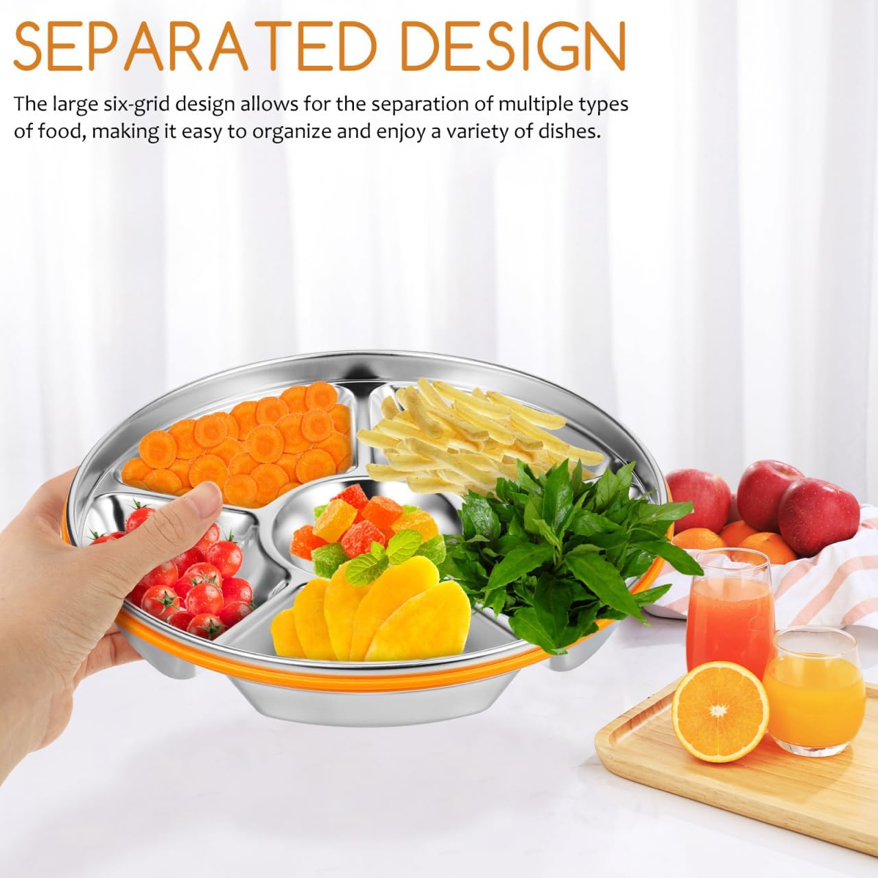 Ipetboom Divided Serving Tray with Lid - Stainless Steel Snack Container Large Veggie Tray with Cover for Family Gatherings Picnics Office Lunches Fresh Food Vegetable Platter Plate - 6 Compartment