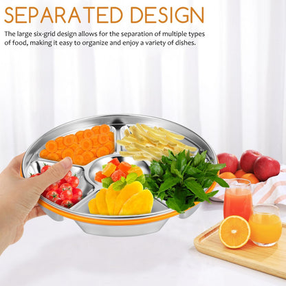 Ipetboom Divided Serving Tray with Lid - Stainless Steel Snack Container Large Veggie Tray with Cover for Family Gatherings Picnics Office Lunches Fresh Food Vegetable Platter Plate - 6 Compartment
