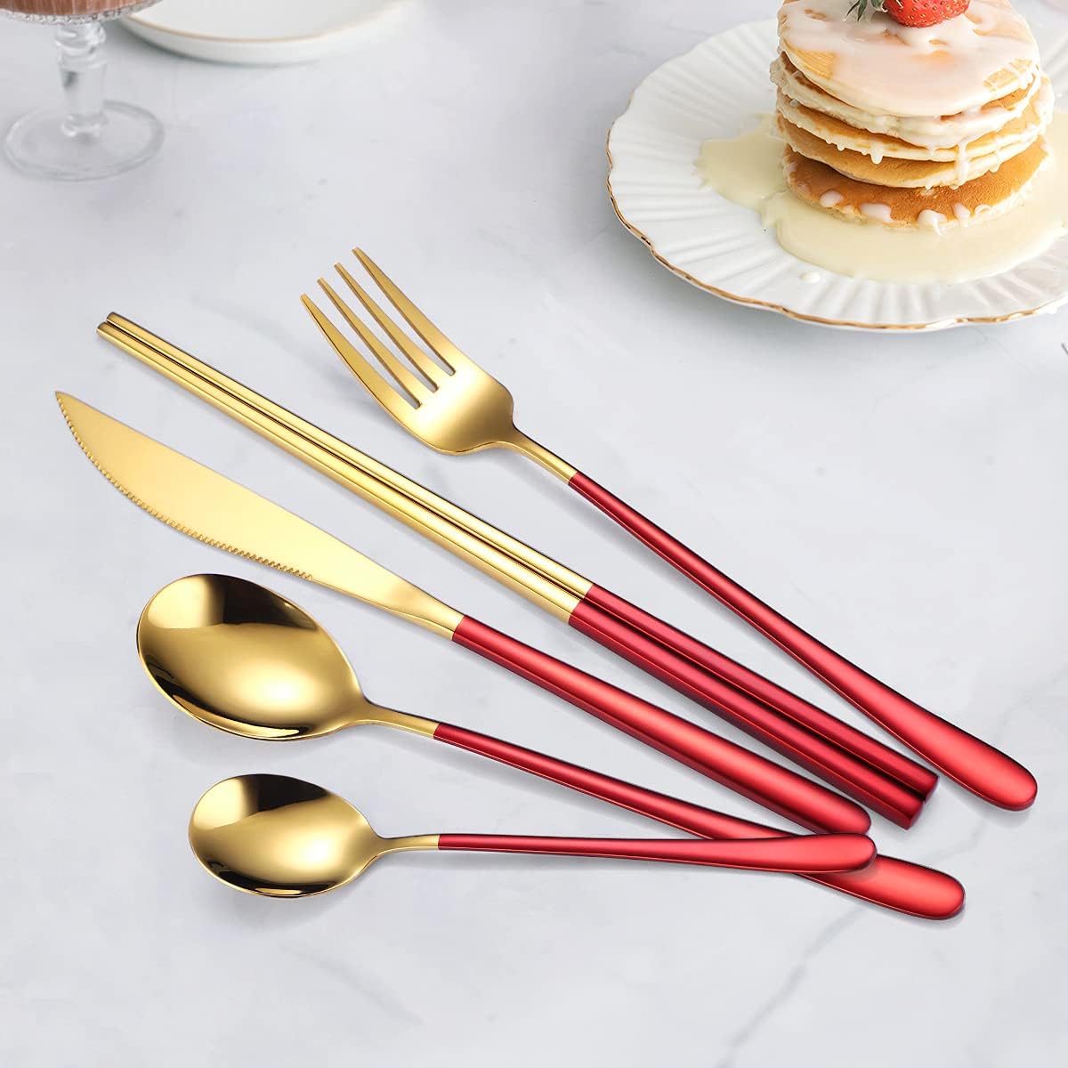 AARAINBOW 6 Pieces 18/8 Stainless Steel Flatware Set Portable Reusable Cutlery Set Travel Utensils Set Including Chopsticks Knife Fork Spoon Straws Cleaning Brush Dishwasher Safe (Green golden)
