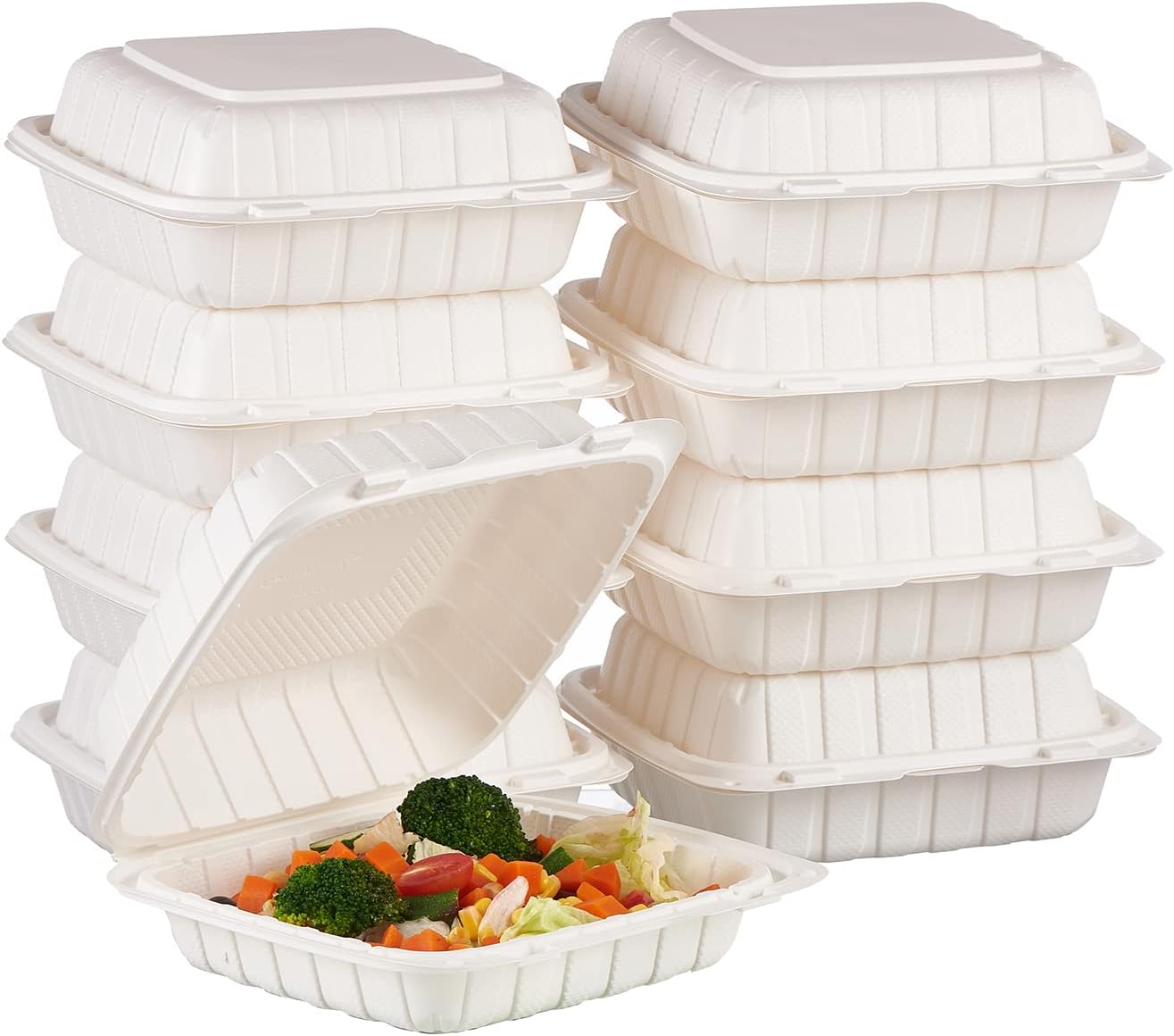 8X8 3-Compartment 50-Pack Plastic Clamshell Takeout Food Trays Heavy Duty Togo Disposable Box Carryout Meal Prep Packaging Catering Hinged Containers With Secure Snap Lid (Formerly FULING)