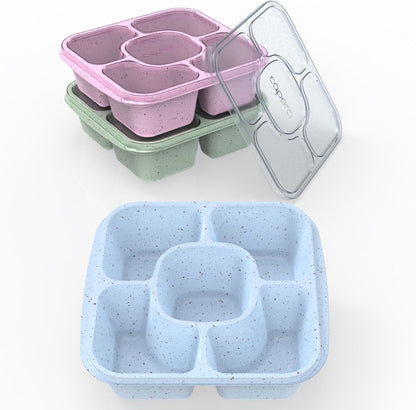 Caperci 5-Pack Lunchable Container Set for Kids & Adults - Reusable Bento Snack Box Containers with 5-Compartment for Food Storage & Meal Prep, Wheat Straw, BPA-Free (Dark & Clear Lids)