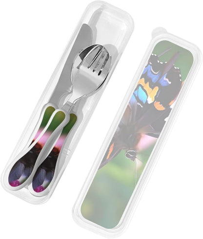3-Piece Kids Silverware Set With Storage Case, Stainless Steel Reusable Children Safe Knife Spoon Fork Set Chinese Celadon Peacock Children Flatware Set For Kids Lunch Box