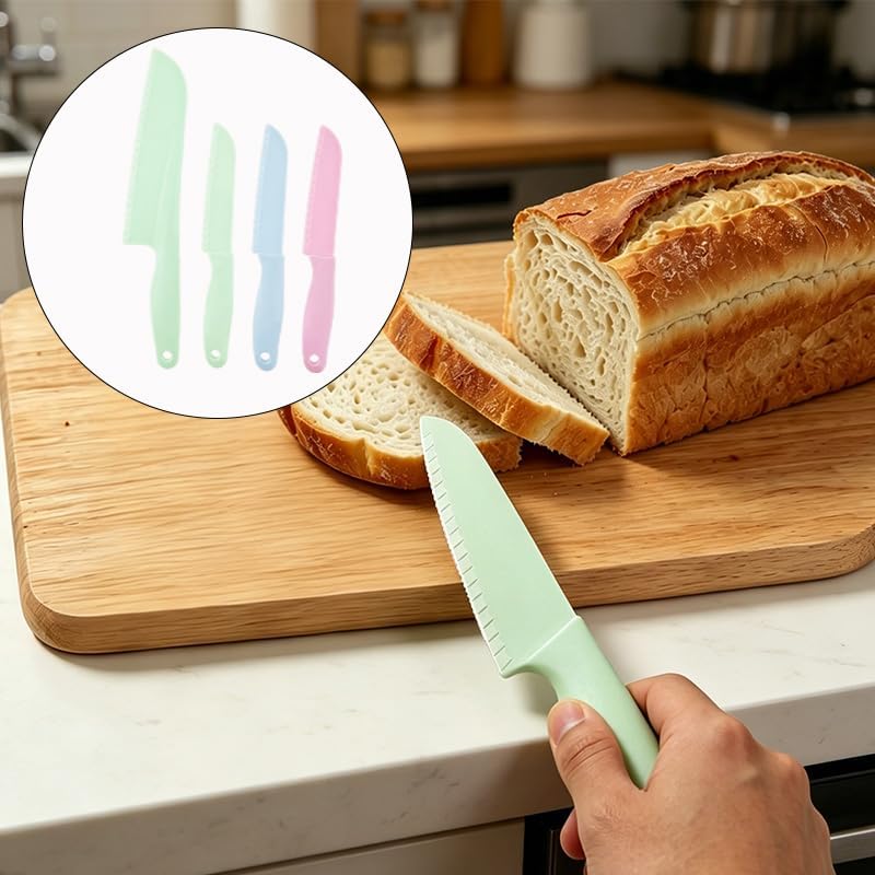 4 Pack Lettuce Knife Set 11/8.5 inch Plastic Serrated Kitchen Cutters to Prevent Browning, Dishwasher Safe, Safe for Nonstick Pans