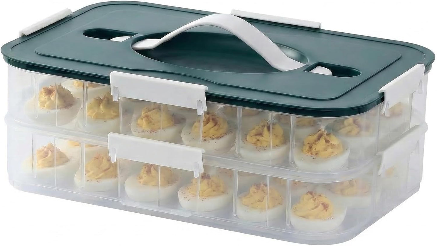 Deviled Egg Container with Lid, 54 Slots Egg Tray Carrier with Handle, Stackable Egg Tray, 12.2 x 8.4 x 6.3 inches (Green, 3 Layer)