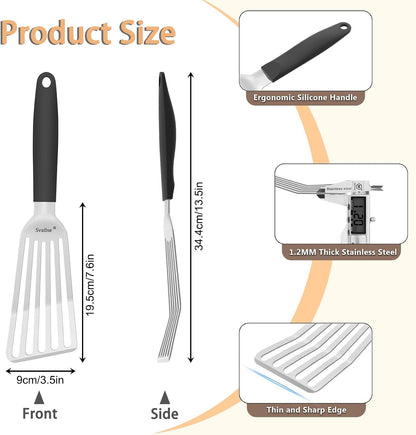 Fish Spatula Stainless Steel, Metal Spatula for Cast Iron Skillet, Slotted Turner with Silicone Handle for Cooking, Grilling, Flipping, Egg, Cookie, Pancake and Burger (Small and Large)