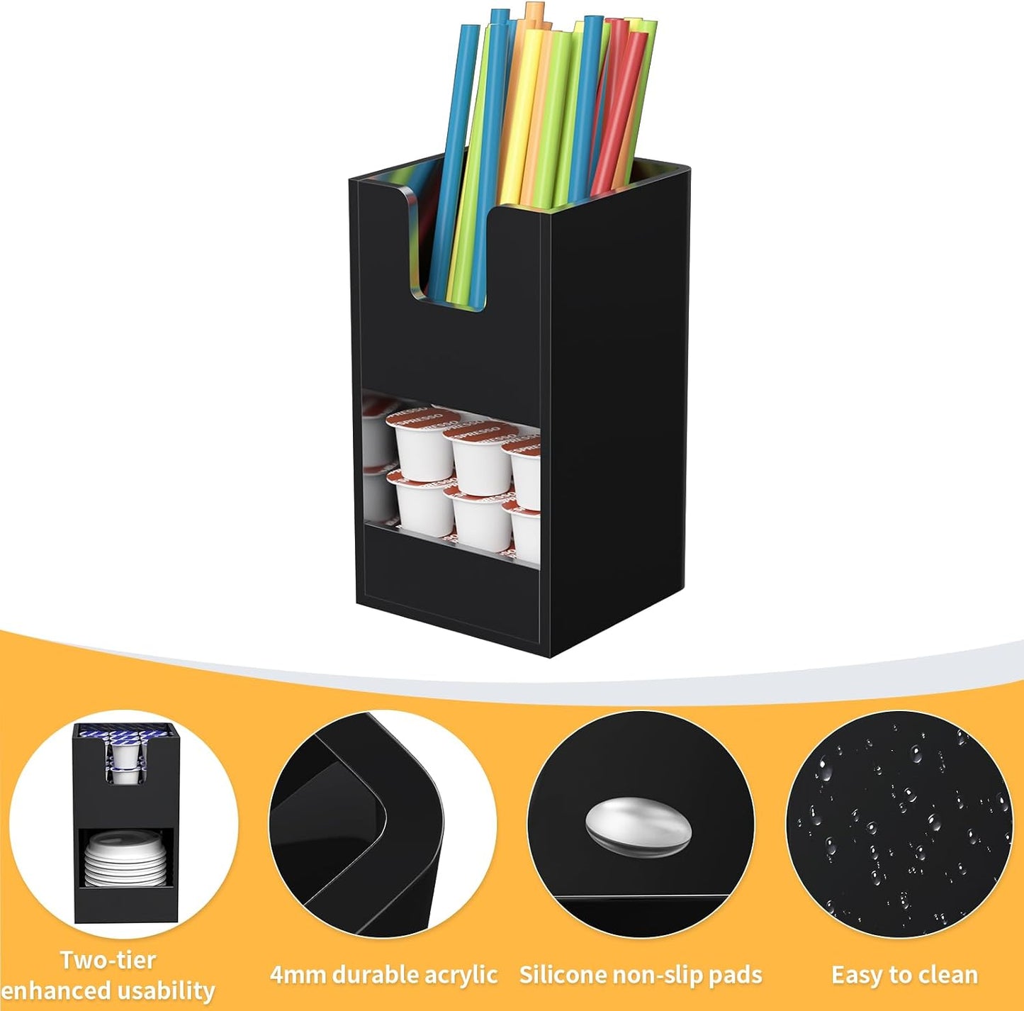 Coffee Condiment and Cup Organizer - 2-Tier Upright Cup and Lid Holder with Straw Organizer 2 Compartments Clear Acrylic Cup Dispenser for Restaurant Breakroom Coffee Station Countertop