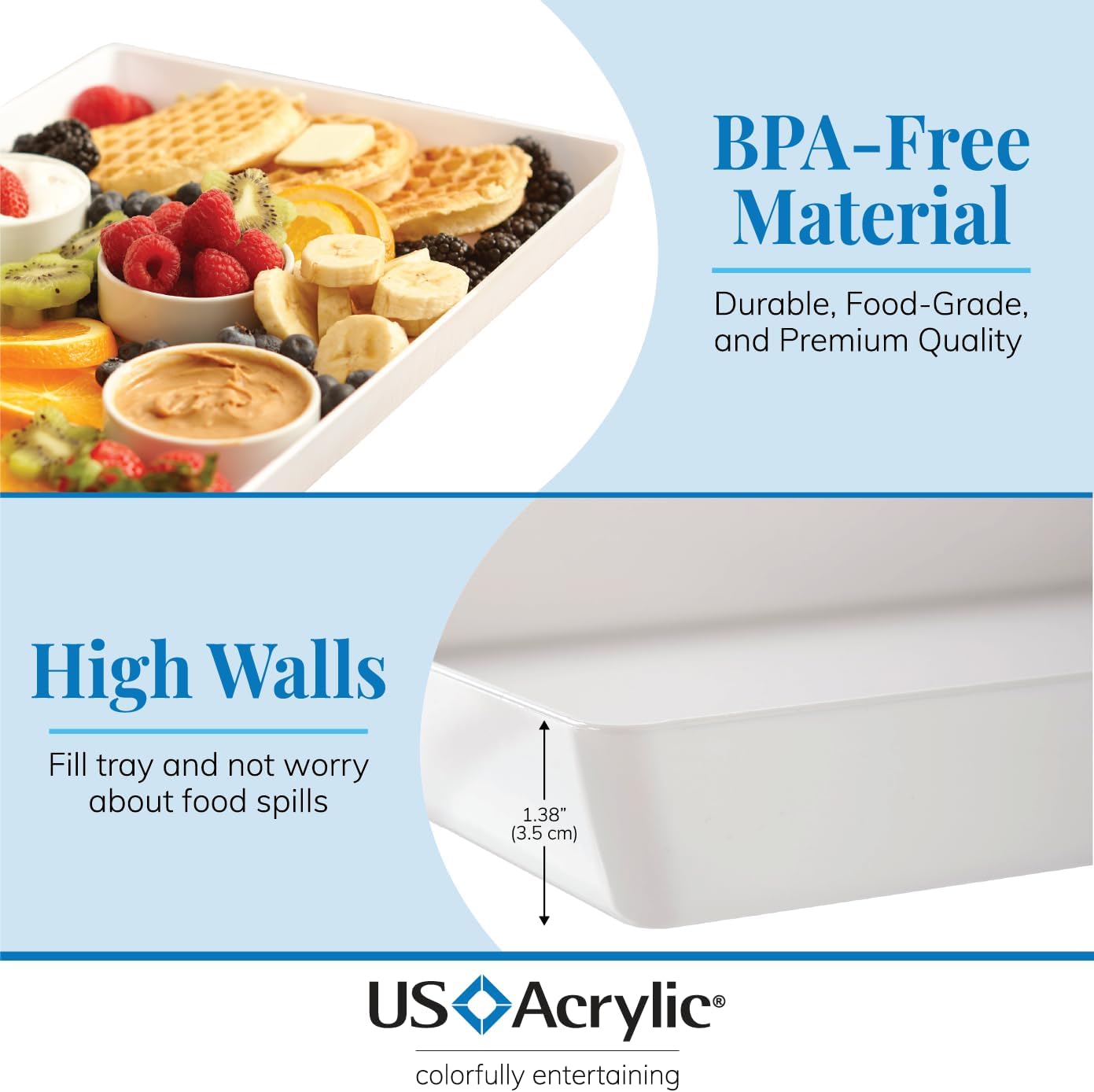 US Acrylic Coastal Plastic Serving Trays (Set of 4) 15” x 10” | Large Unbreakable Reusable Rectangular Party Platters | Serve Appetizers, Fruit, Veggies, & Desserts | BPA-Free & Made in USA